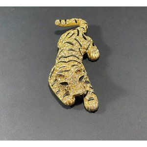 80s Sardi Crouching Tiger Brooch Gold Plated Black Enamel Stripes Crystal Rhines